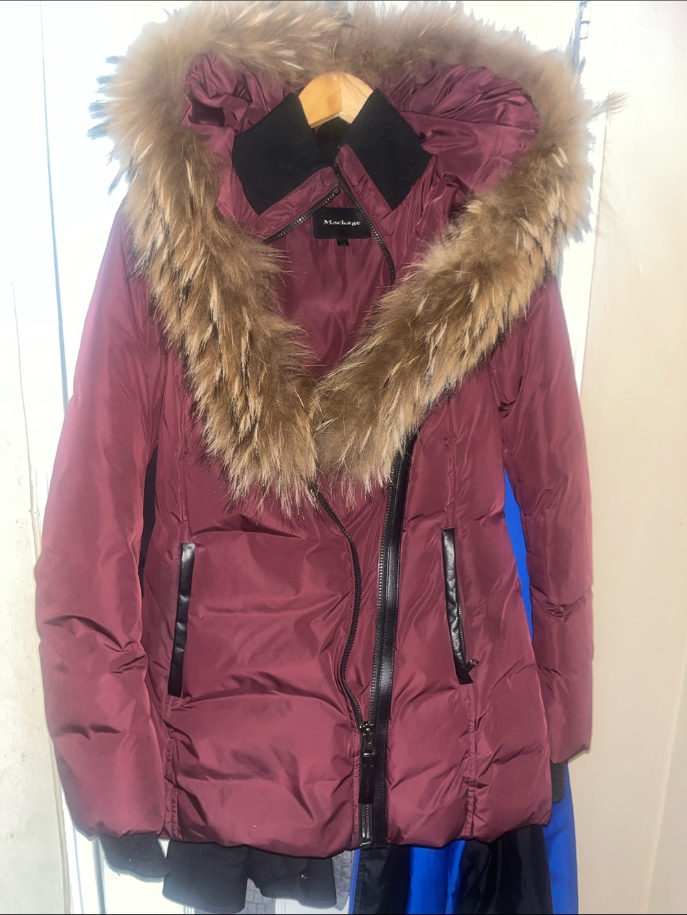 Mackage Women's Burgundy Down Coat with Real Fur-Trim Hood & Leather Trim